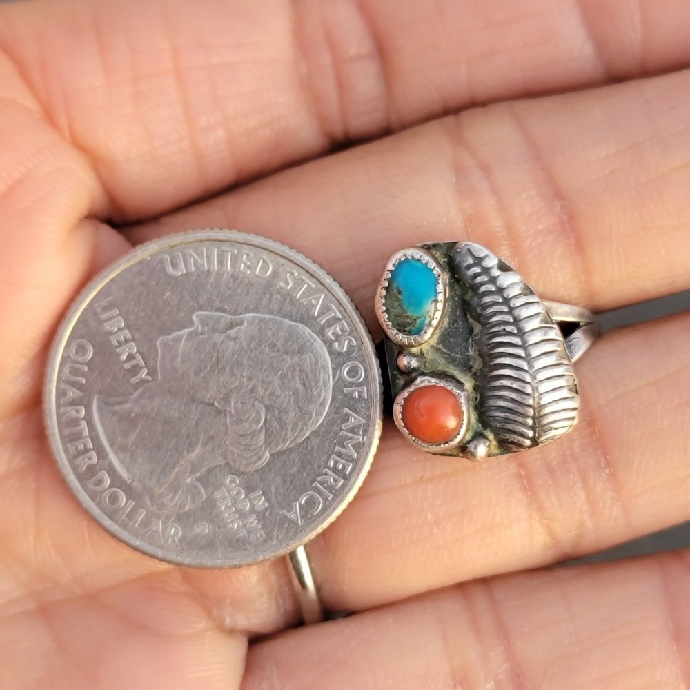 Native American handmade vintage 925 sterling silver turquoise + coral squash bl - Picture 9 of 13
